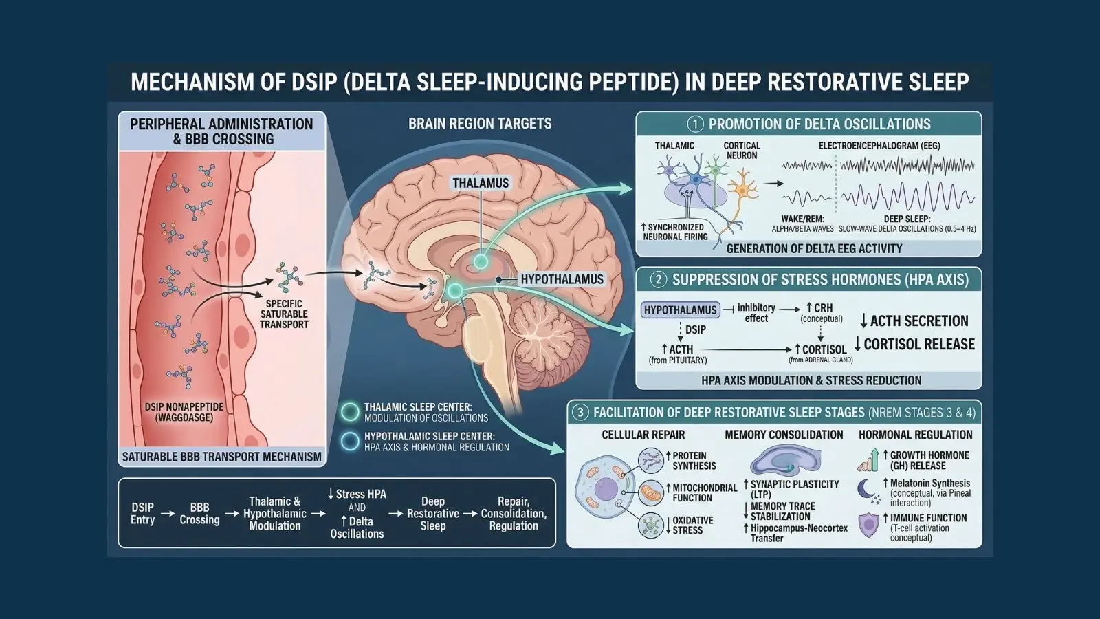 Scientific illustration of DSIP delta sleep-inducing peptide crossing the blood-brain barrier to modulate thalamic and hypothalamic sleep centers, promoting slow-wave delta oscillations, suppressing stress hormones including ACTH and cortisol, and facilitating the deep restorative sleep stages critical for cellular repair, memory consolidation, and hormonal regulation.