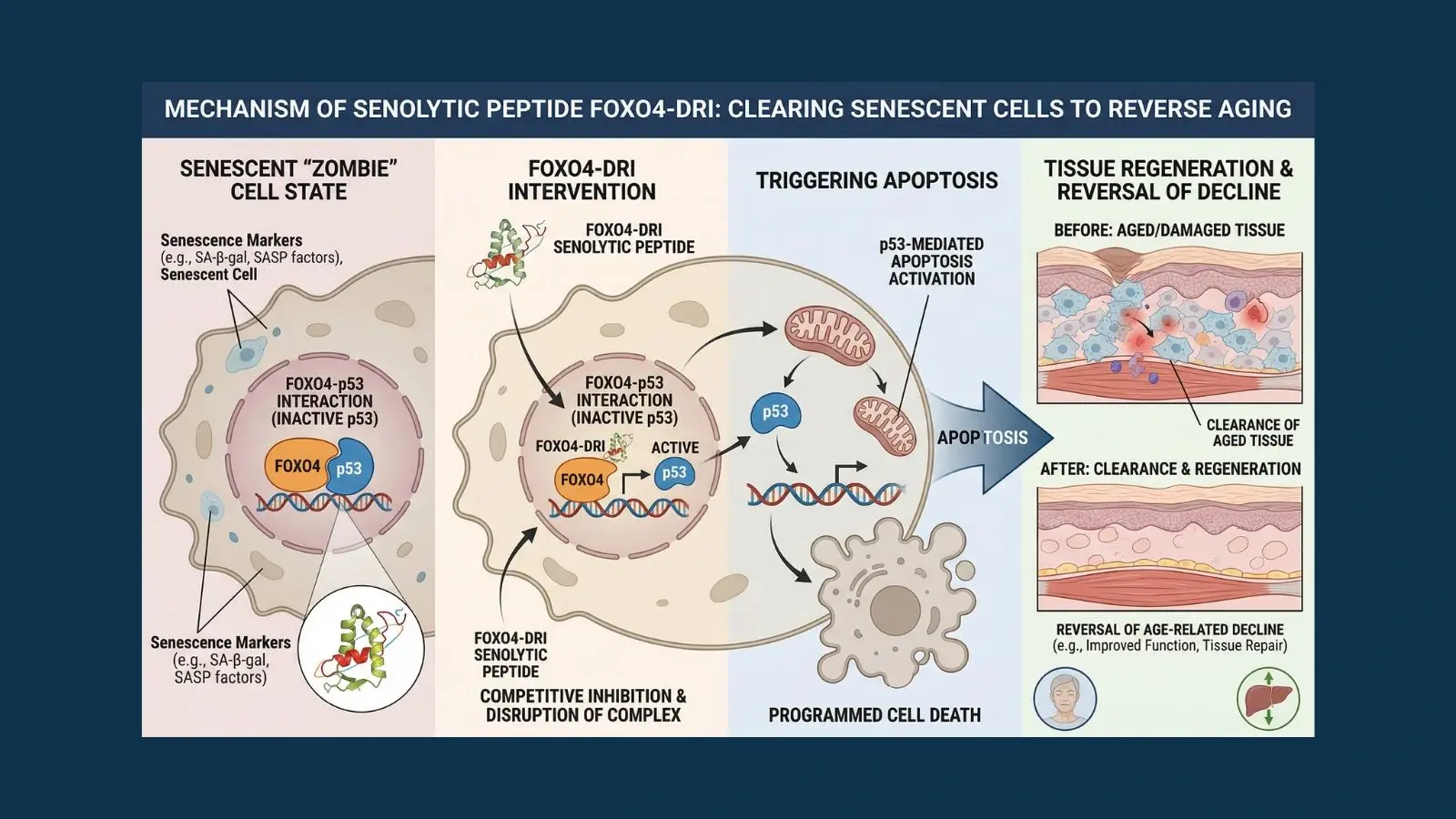 Scientific diagram illustrating how FOXO4-DRI senolytic peptide disrupts the FOXO4-p53 protein interaction in senescent zombie cells triggering apoptosis and clearing aged damaged tissue to reverse age-related decline