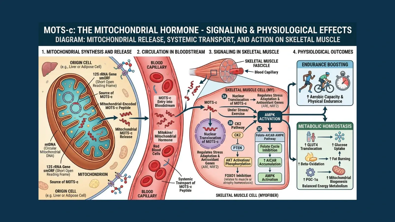Diagram of mitochondria releasing MOTS-c peptide into bloodstream illustrating how mots-c acts as a mitochondrial hormone to boost endurance and metabolic homeostasis in skeletal muscle tissue.