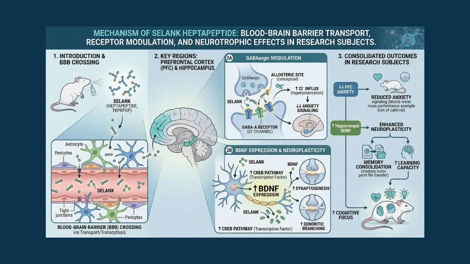 Scientific illustration of selank heptapeptide crossing the blood-brain barrier to modulate GABA-A receptors and increase BDNF expression in the prefrontal cortex and hippocampus, reducing anxiety signaling while enhancing cognitive focus, memory consolidation, and neuroplasticity in neurological research subjects.