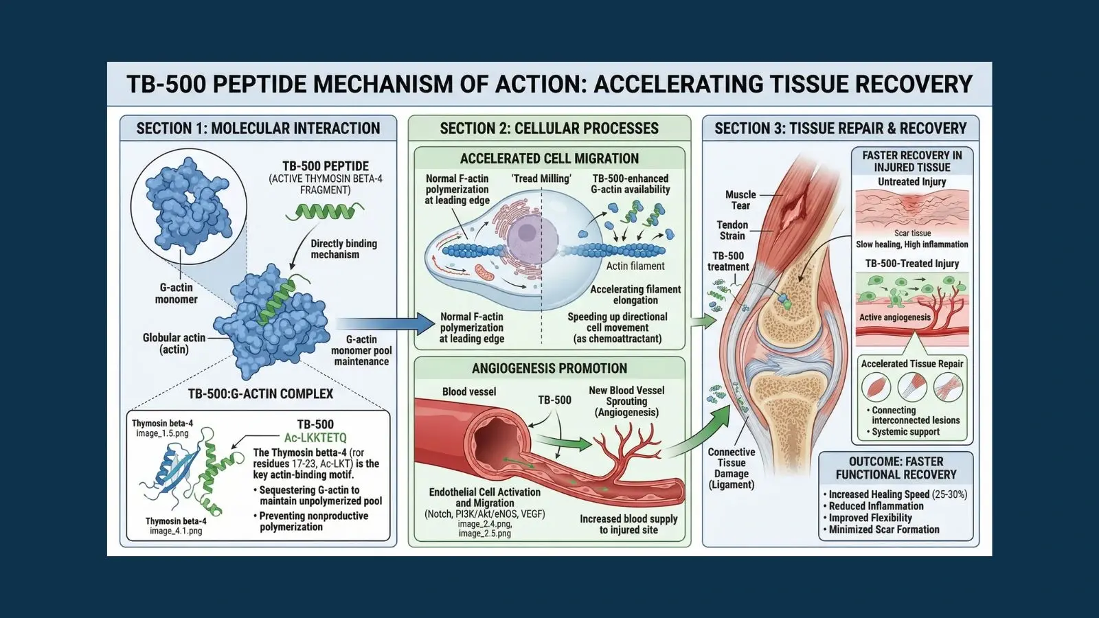 Scientific diagram of TB-500 peptide mechanism showing thymosin beta-4 binding G-actin monomers to accelerate cell migration angiogenesis and tissue repair in injured muscle tendon and connective tissue for faster recovery