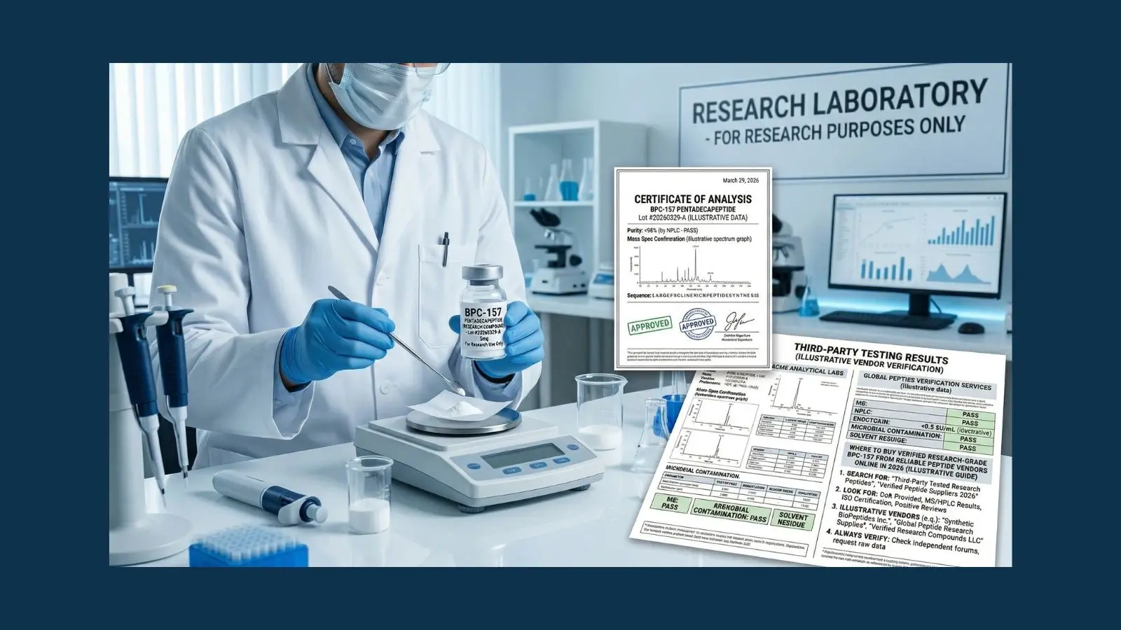 Research laboratory vial of BPC-157 pentadecapeptide with Certificate of Analysis documentation and third-party testing results showing where to buy verified research-grade BPC-157 from reliable peptide vendors online in 2026